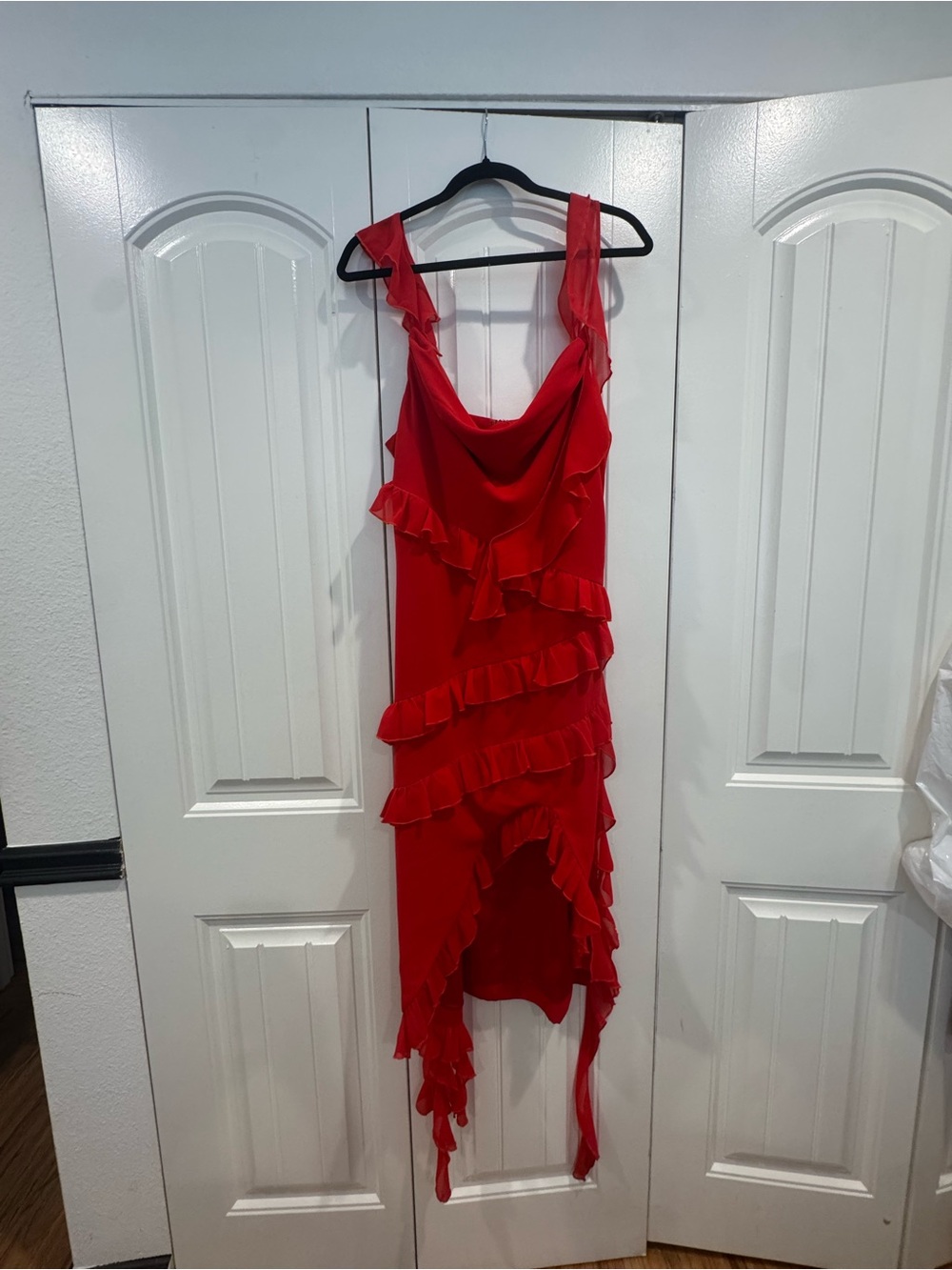 Red Ruffle High-Low Dress with Draped Neckline